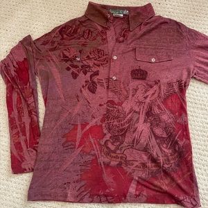 red-tone Ann Sanzuri long-sleeved graphic polo